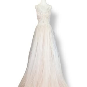 Vienna Flowy Tulle Ball Gown White Nude Lining Beaded Bodice Formal Dress Sheer